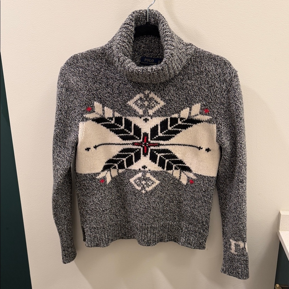 Polo by Ralph Lauren Women's Black and White Patterned Turtleneck Sweater